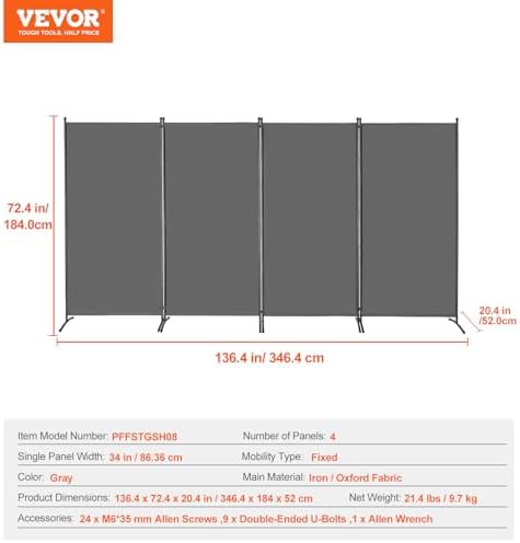 VEVOR Room Divider, 4 Panel Room Divider, Freestanding Room Partitions - Image 7