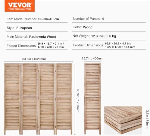 VEVOR Wood Room Divider, 4 Panel Wood Folding Privacy Screen, 66.9 Inches Tall - Image 7