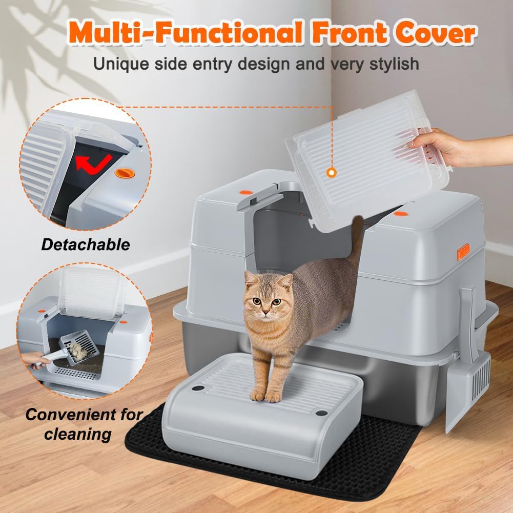 Vivifying Stainless Steel Litter Box with Lid, XL Side Entry Extra Large Litter Box for Big Cats & Kitty, Removable Enclosed Metal Cat Pan with High Sided Enclosure, Scoop, Mat, Footboard (Gray)