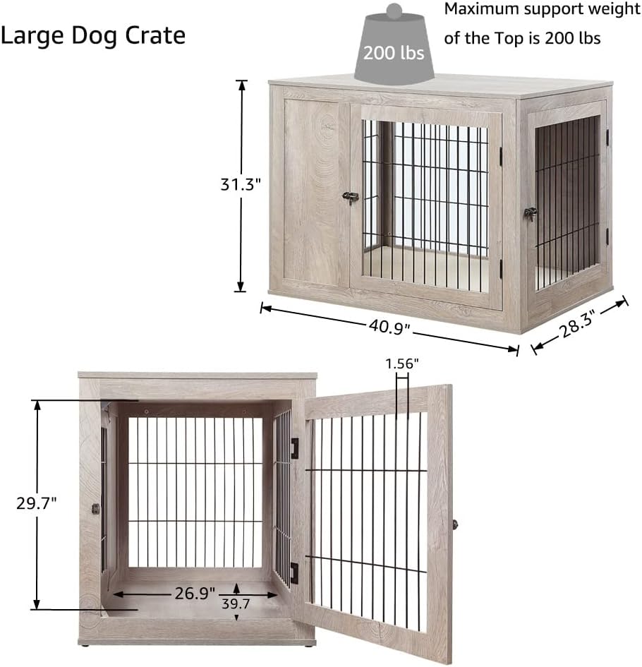 unipaws 41 Inch Furniture Style Dog Crate for Medium Large Dogs, Indoor Aesthetic Dog Stuff Kennel, Modern Wood Wire Cage, Pretty Cute End Side Table Nightstand, Weathered Grey