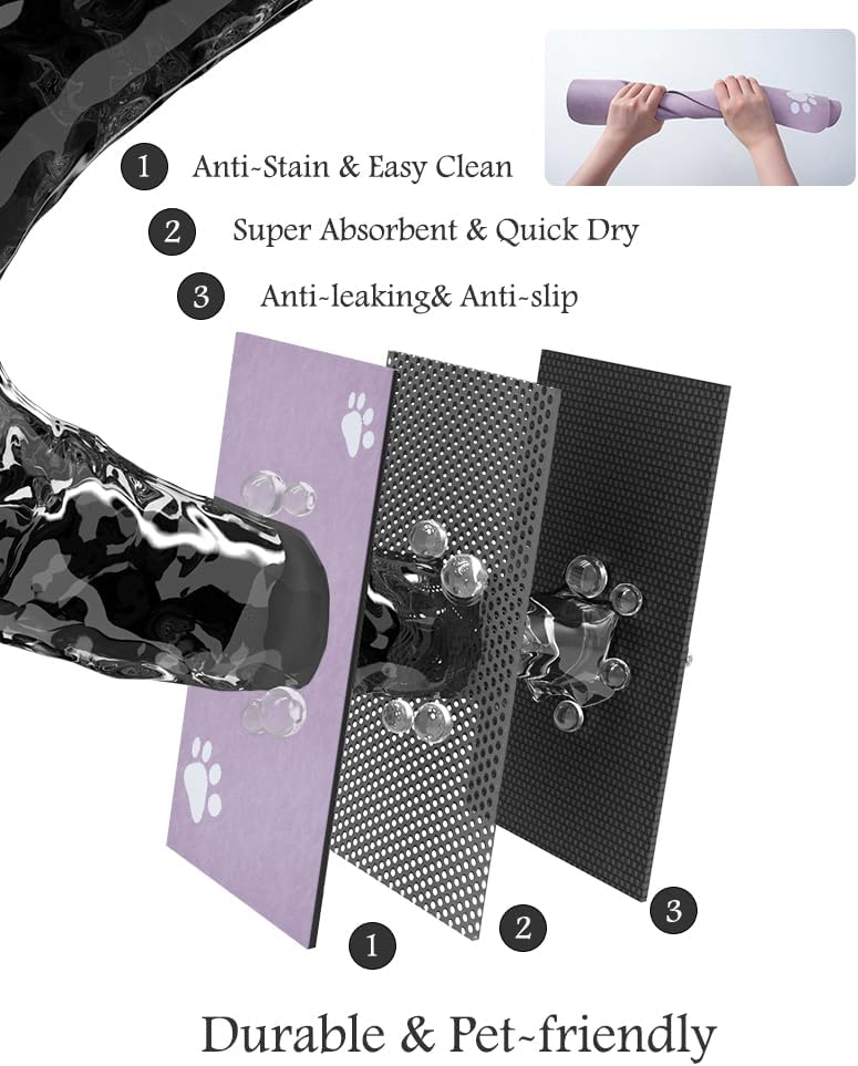 Pet Feeding Mat-Absorbent Dog Mat for Food and Water Bowl-No Stains Quick Dry Water Dispenser Mat-Dog Accessories Pet Supplies-Bowl for Messy Drinkers(Purple,17"x34"