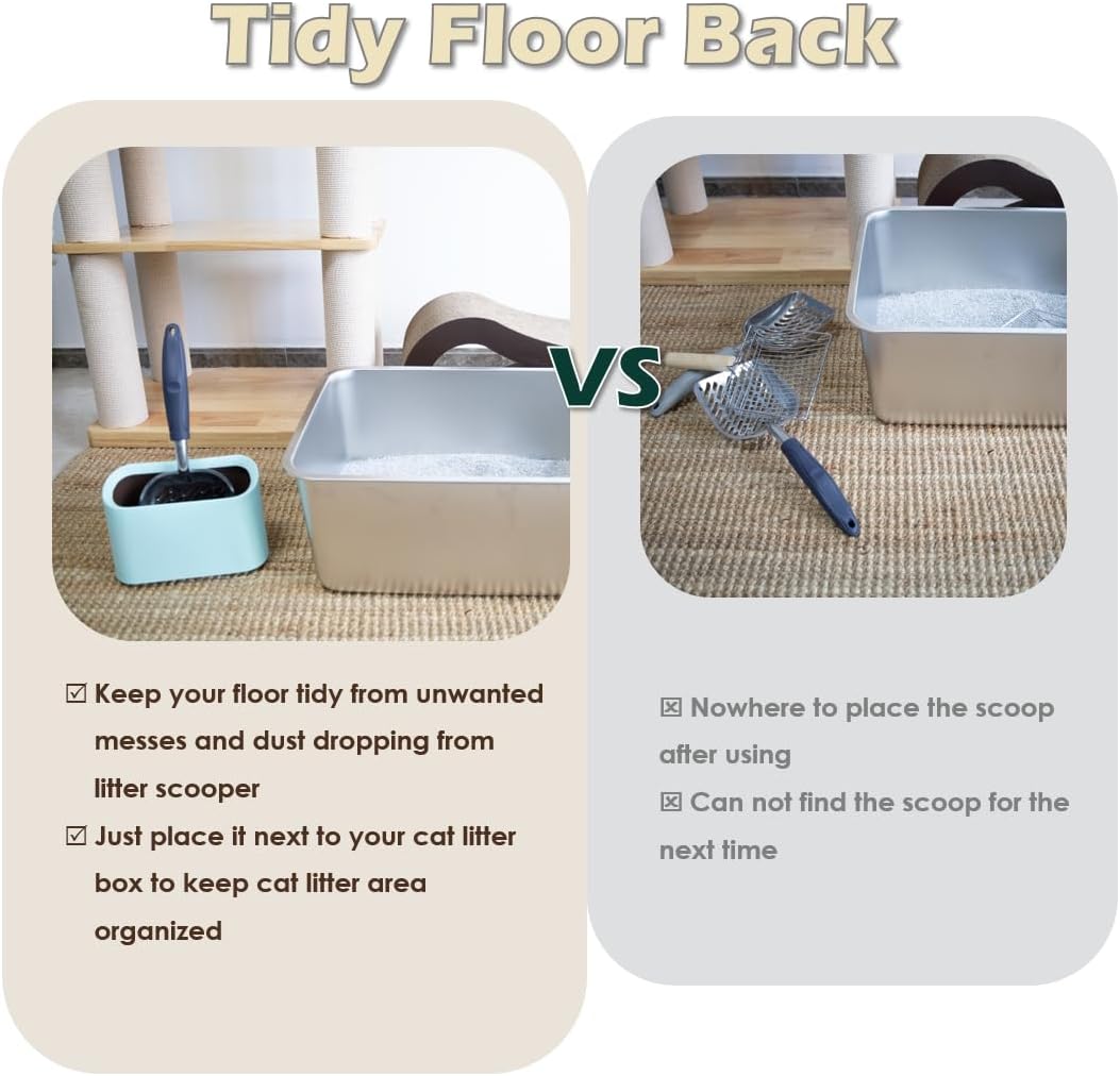 Aluminum Cat Litter Scoop in Holder, Non-Stick Cat Poop Scooper with Holder, Fast Sifting Kitten Poop Lifter and Caddy (Blue)