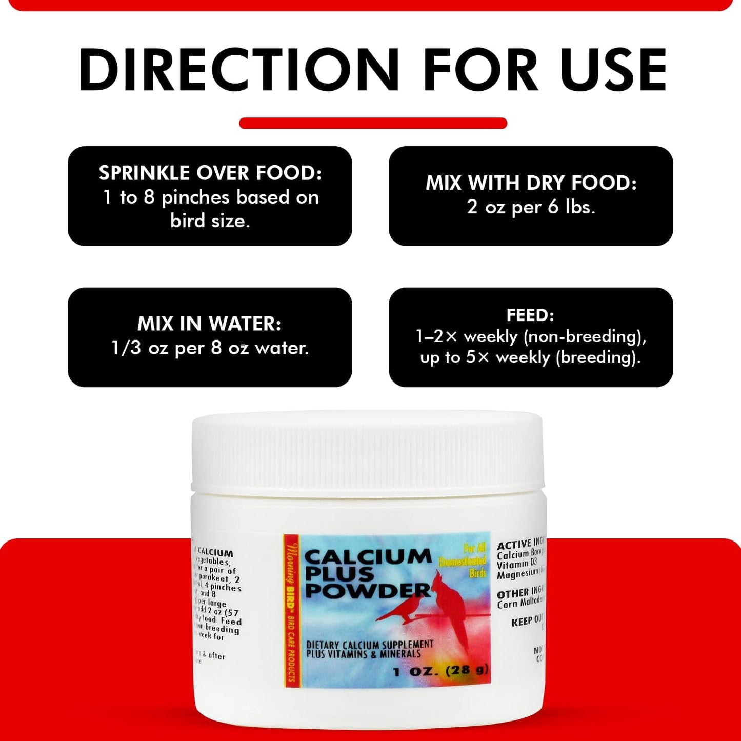 Morning Bird Calcium Plus Powder for Birds 1 oz – Calcium Carbonate Powder with Magnesium Glycinate & Vitamin D – Bone Strength & Immune Support Supplement – Calcium Formula for All Bird Sizes