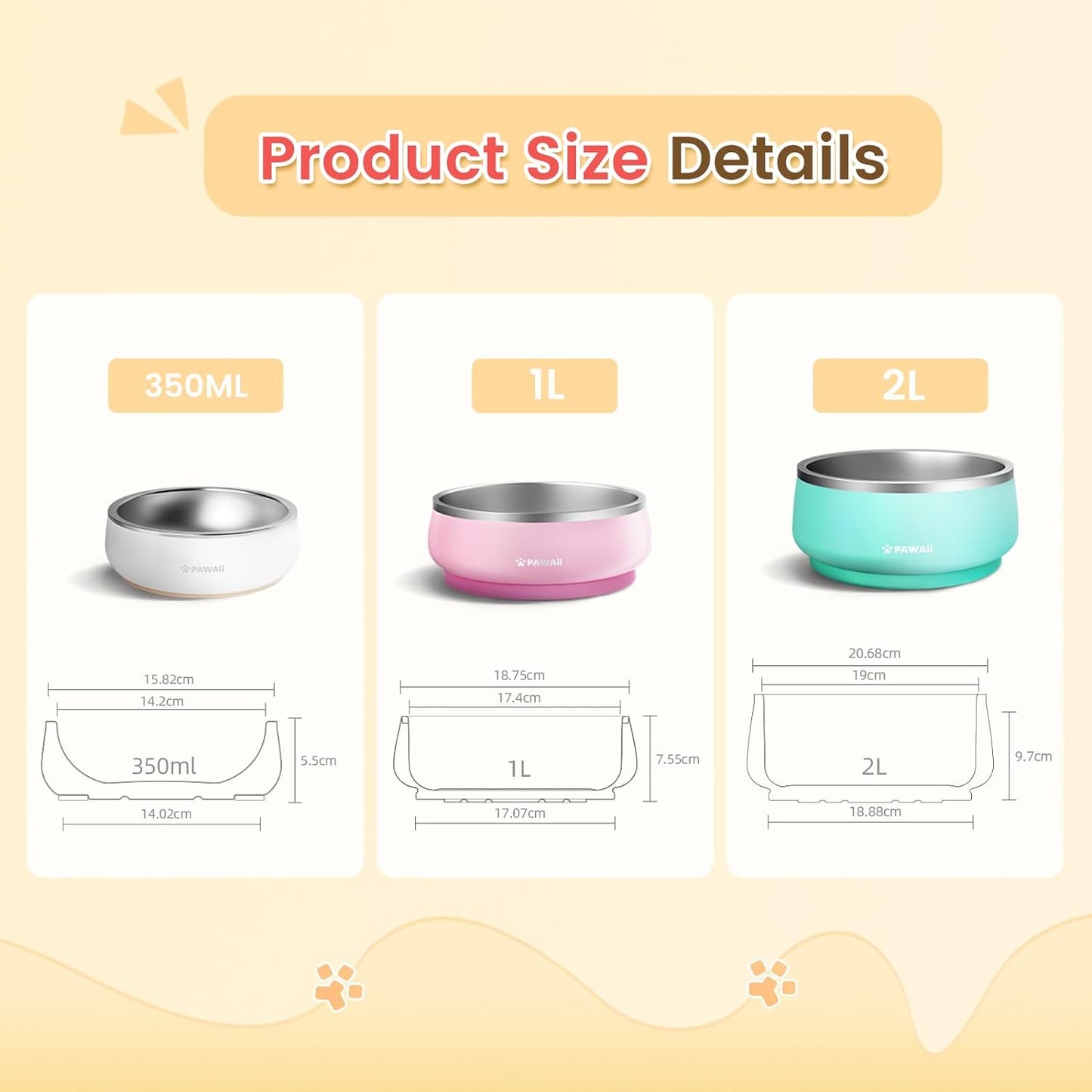 Pawaii Small Dog Bowls, 12 oz. Food Water Bowl Designed for Puppies and Cats with Non-Slip Rubber Base, Upgraded Metal Insulated, Double Stainless Steel Bowls