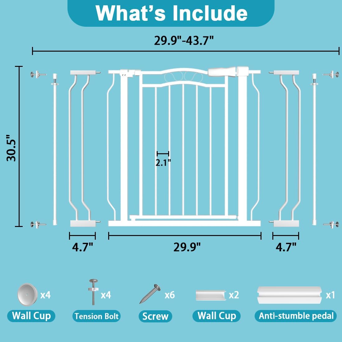 29.9-43.7 in Wide Baby Gate for Stairs Doorways, Auto Close Child Safety Gates Indoor for Dogs Pets, Pressure Mounted Metal Barrier Kids Toddler Door Walk Through, 30" Tall, White