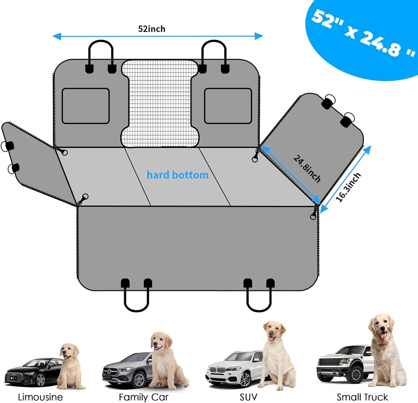 URPOWER Back Seat Extender for Dogs - Hard Bottom Dog Car Seat Cover Holds 420 lbs, Waterproof Dog Hammock Dogs Bed for Cars, SUVs & Small Trucks, Pet Backseat Protector with Mesh Window & Large Space