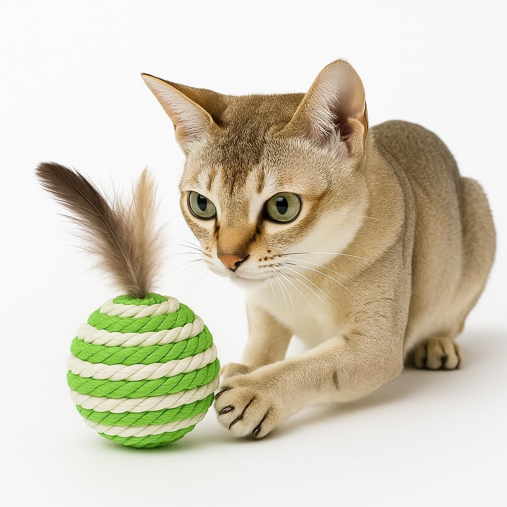 Ball for cat with Feathers - Balls for Catsโ Natural Toy for Indoor Cats โ Eco-Friendly, Durable, Interactive Play Balls for Kittens โ Pet-Safe Chew & Scratch Toys (Green)