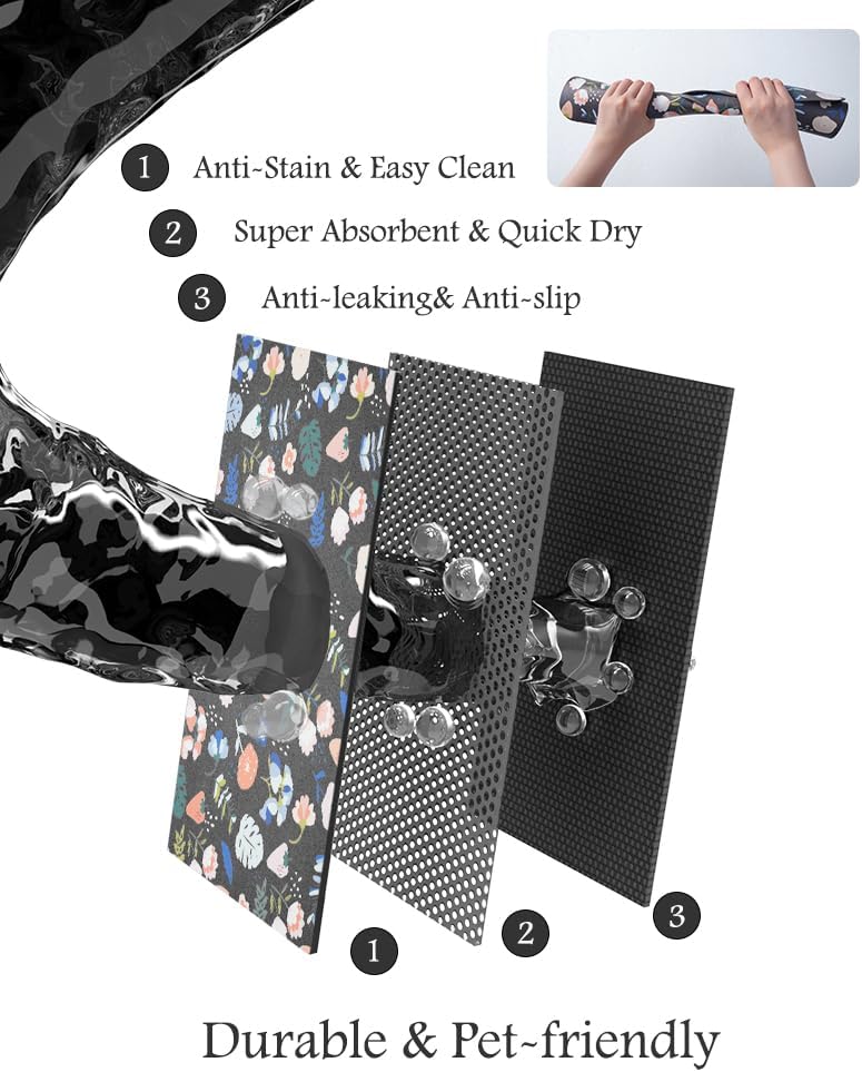 Pet Feeding Mat-Absorbent Dog Mat for Food and Water Bowl-No Stains Quick Dry Water Dispenser Mat-Dog Accessories Pet Supplies-Bowl for Messy Drinkers(DARKFLOWERS,17"x34"