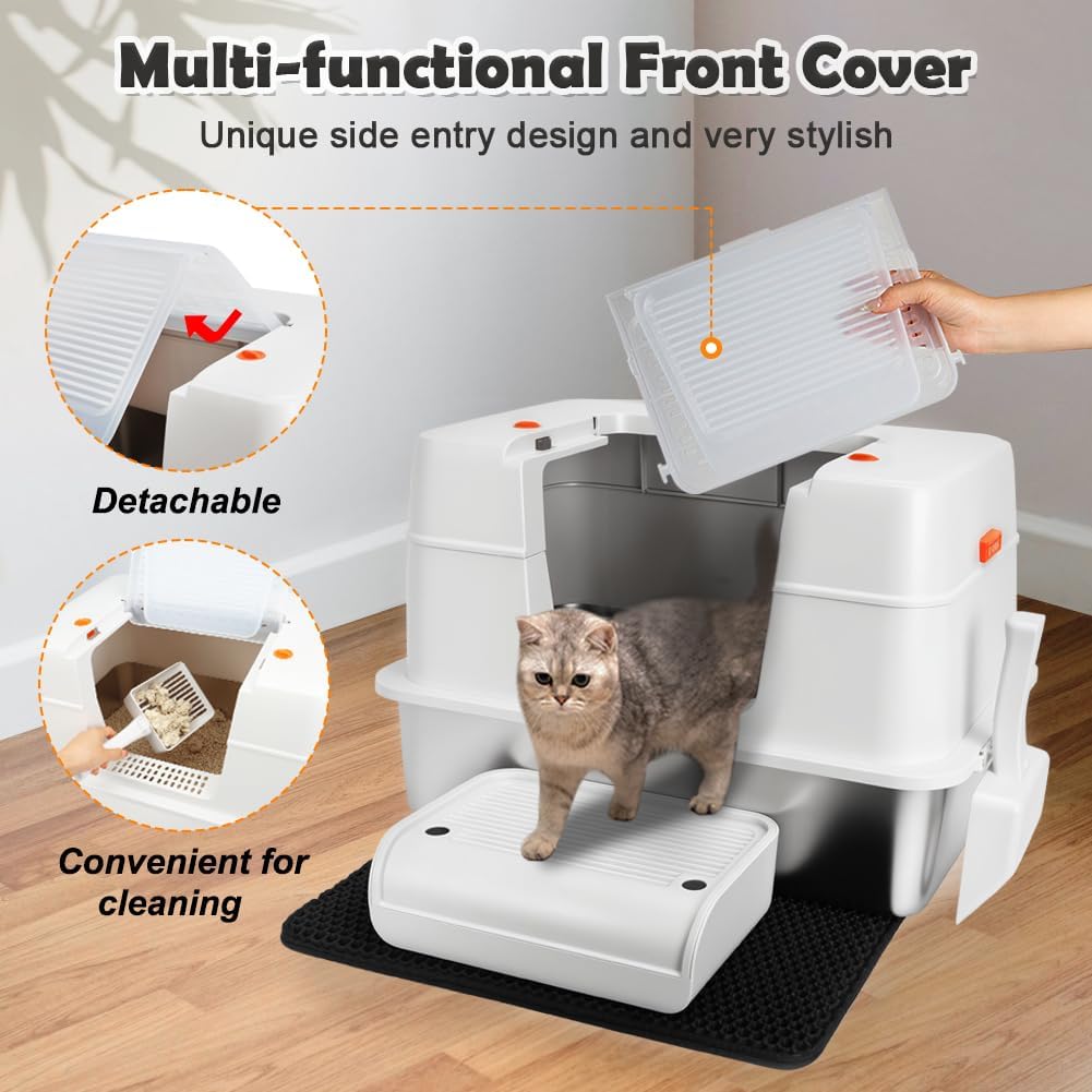 Vivifying Stainless Steel Litter Box with Lid, XL Side Entry Extra Large Litter Box for Big Cats & Kitty, Removable Enclosed Metal Cat Pan with High Sided Enclosure, Scoop, Mat, Footboard (Beige)