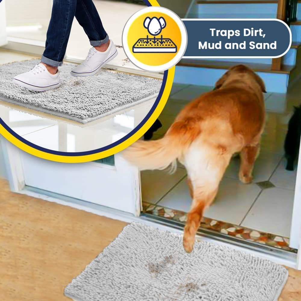 Muddy Mat® AS-SEEN-ON-TV Highly Absorbent Microfiber Door Mat and Pet Rug, Non Slip Thick Washable Area and Bath Mat Soft Chenille for Kitchen Bathroom Bedroom Indoor and Outdoor-White Runner 59"X24"