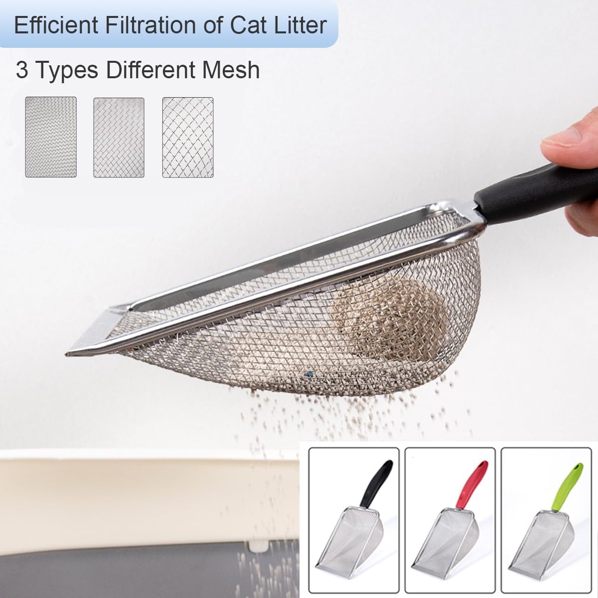 3PCS Cat Litter Scoop, Reptile Stainless Steel Fine Mesh,Litter Cleaner Corner Scoop Sand Sifter (Black-Green-Red)