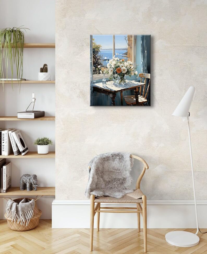 weiyiart Bathroom Decor Wall Art Coastal Floral Canvas Print Painting Daisy Flowers Sea Picture Farmhouse Ocean Seascape Artwork for Home Living Room Bedroom Office 16x24 inch