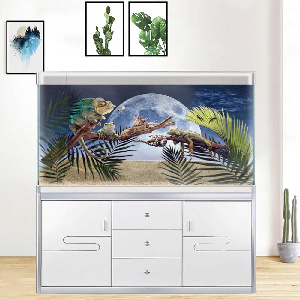 Moon Aquarium Background,Cool Sea Galaxy Parallel Space Themed Fish Tank Background, Cool Terrarium Background 36X18IN with 8 EVA Double-Sided Tape
