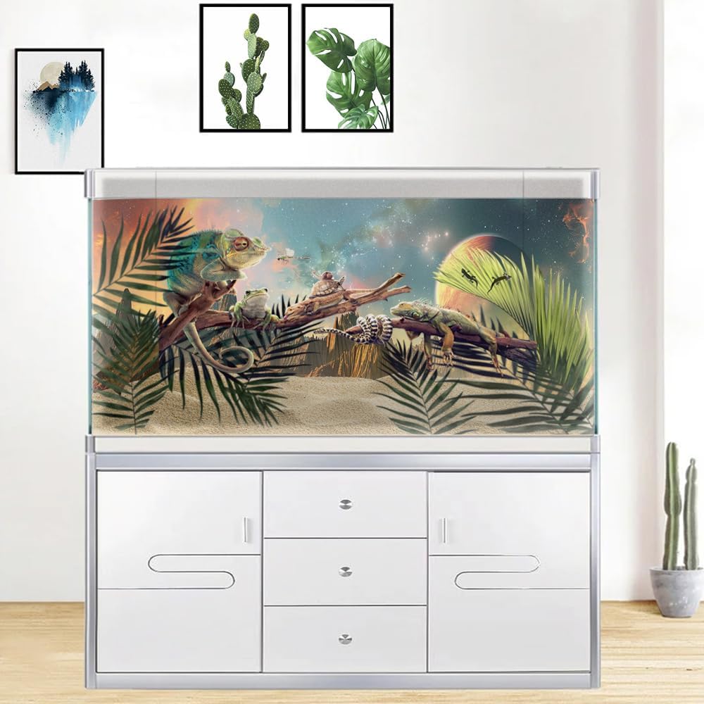 Cosmic Aquarium Background,Cool Galaxy Parallel Space Themed Fish Tank Background, Tropical Desert Terrarium Background 48X20IN with 8 EVA Double-Sided Tape