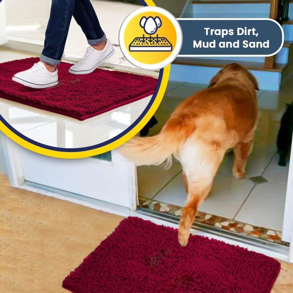 Muddy Mat® AS-SEEN-ON-TV Highly Absorbent Microfiber Door Mat and Pet Rug, Non Slip Thick Washable Area and Bath Mat Soft Chenille for Kitchen Bathroom Bedroom Indoor and Outdoor - Maroon 36" x 120"