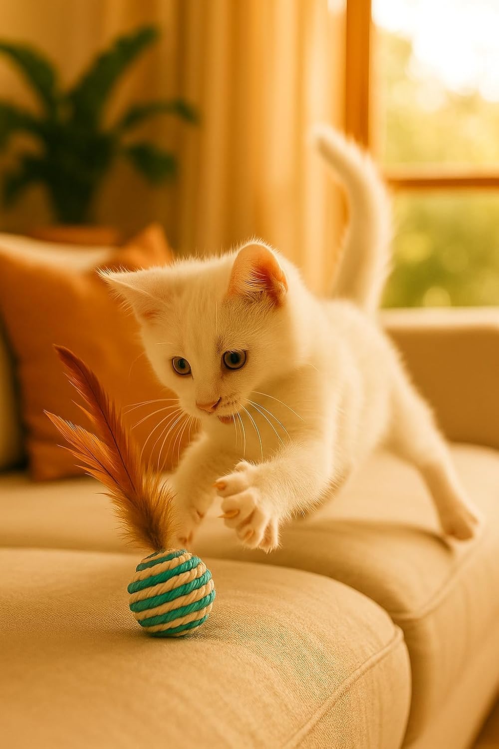 Ball for cat with Feathers - Balls for Cats โ Natural Toy for Indoor Cats โ Eco-Friendly, Durable, Interactive Play Balls for Kittens โ Pet-Safe Chew & Scratch Toys (Sky Blue)