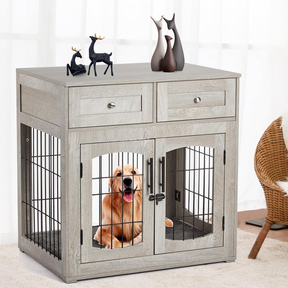 Dog Crate Furniture for Large Dogs, Wooden Dog Kennel Indoor with Double Doors, Dog Cage with Cushion & Drawers, Dog House Side End Table for Large Medium Dogs up to 70 lb, 39.4โ L, Grey