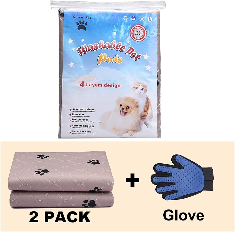 SincoPet Washable Dog Pee Pads with Puppy Grooming Gloves,Puppy Pads,Reusable Pet Training Pads,Large ,Waterproof Pet Pads for Dog Bed Mat,Super Absorbing Whelping Pads,36 Round Inch (Pack of 2)