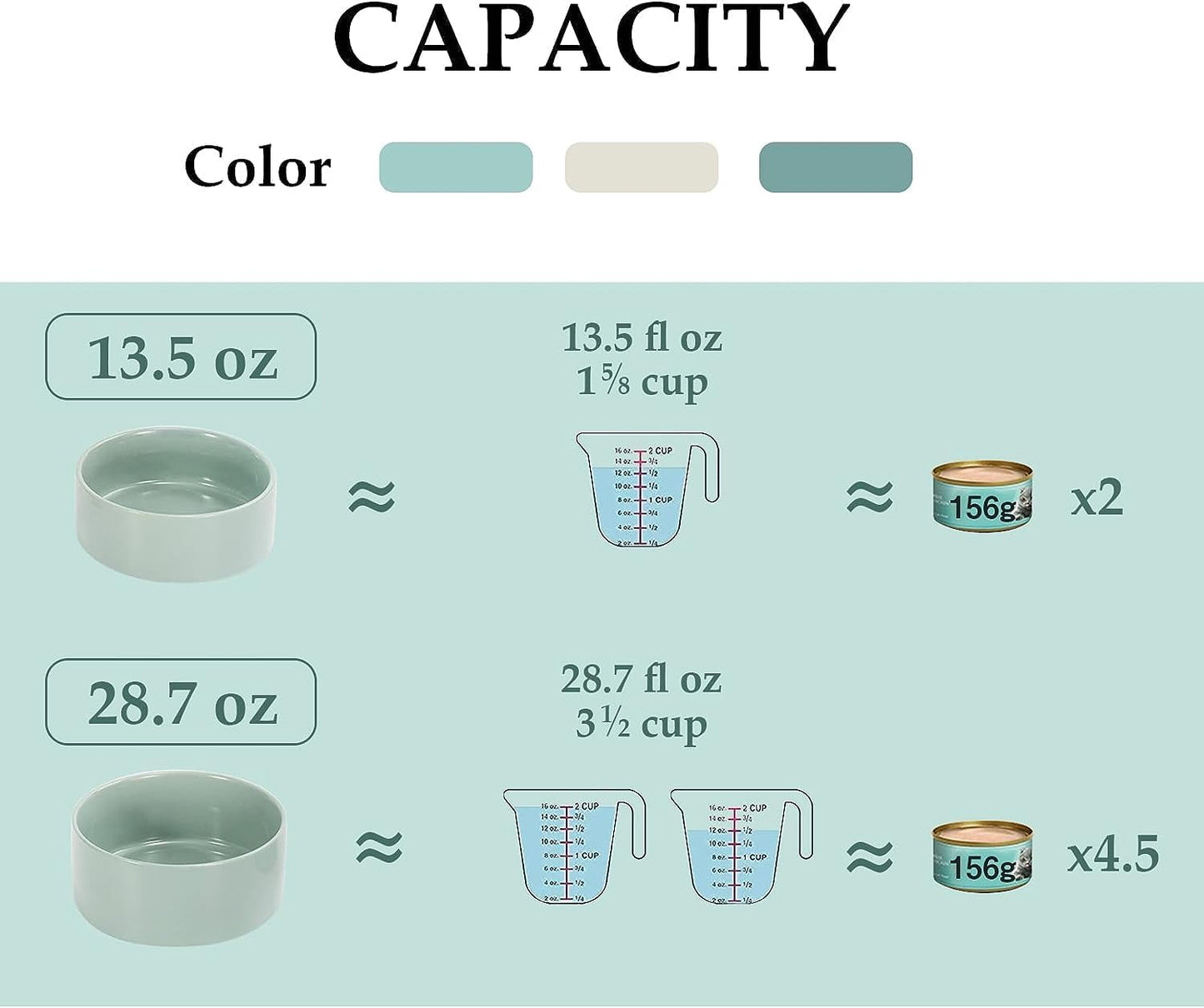 SPUNKYJUNKY Ceramic Dog and Cat Bowl Set with Wooden Stand, Modern Cute Weighted Food Water Set for Small Size Dogs (13.5OZ) & Medium Sized Dogs (28.7OZ) & Cats (1.7 Cups, 2 × Light Green)