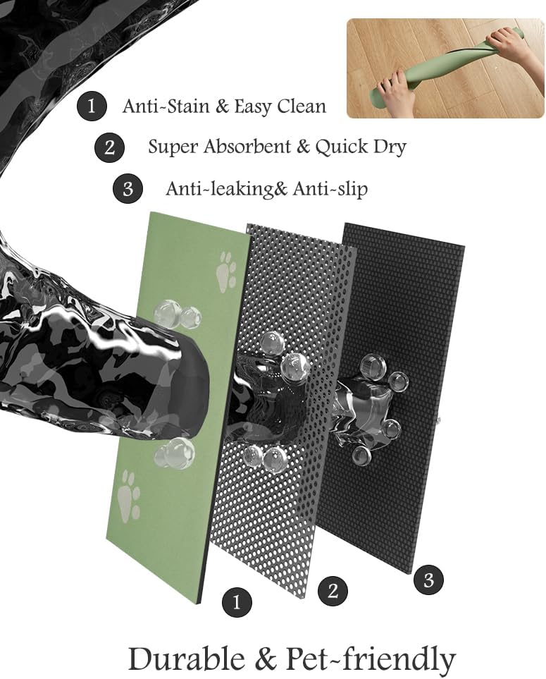 Pet Feeding Mat-Absorbent Dog Mat for Food and Water Bowl-No Stains Quick Dry Water Dispenser Mat-Dog Accessories Pet Supplies-Bowl for Messy Drinkers(Green,23"x34"