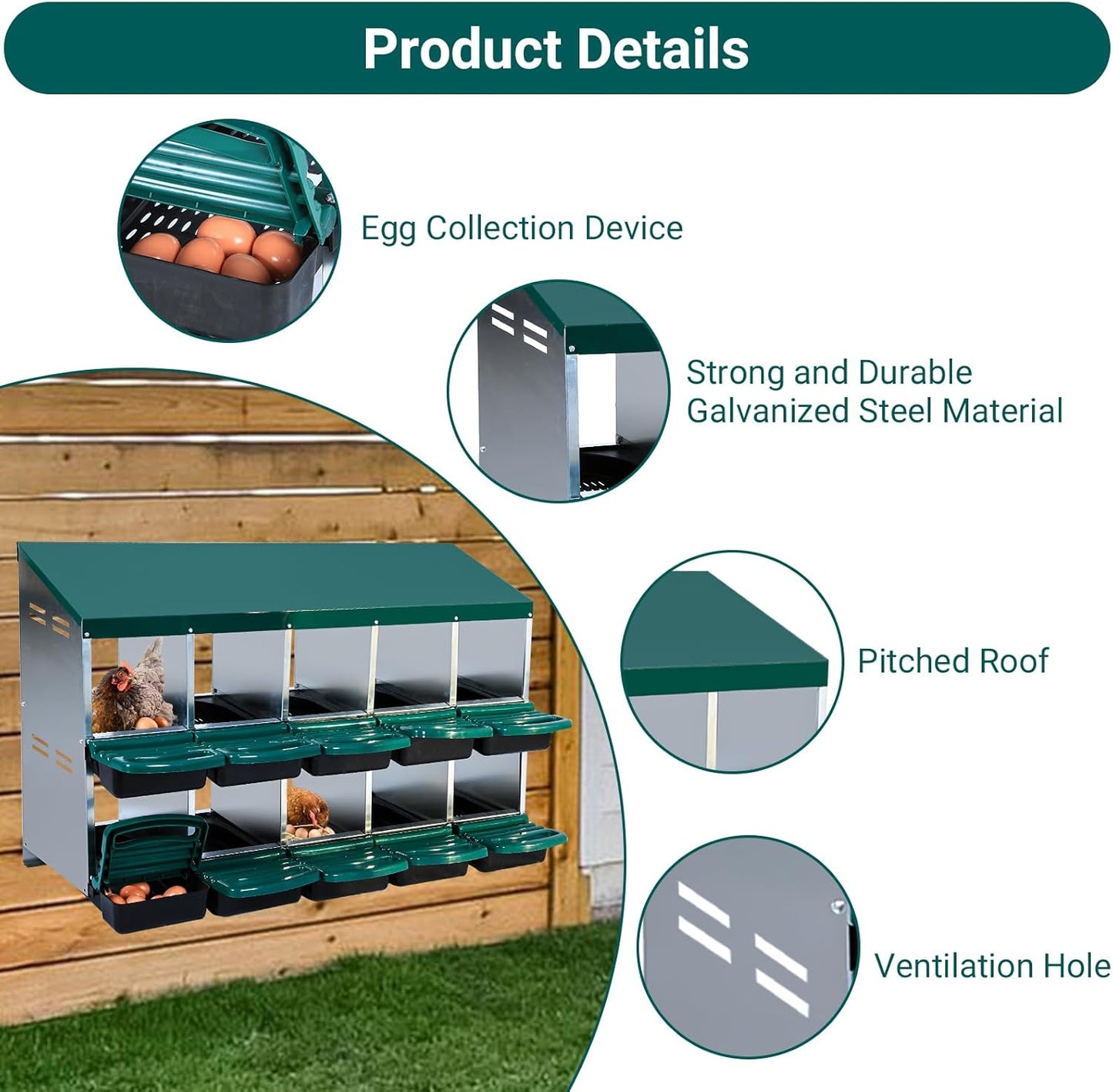 Nesting Boxes for Chickens, Chickens Laying Boxes for Chicken Coop, 10 Compartments Chicken Nesting Boxes, with Removable Tray, Easy Cleaning, for Hens Outdoor Chicken Coop Farm Yard, Green