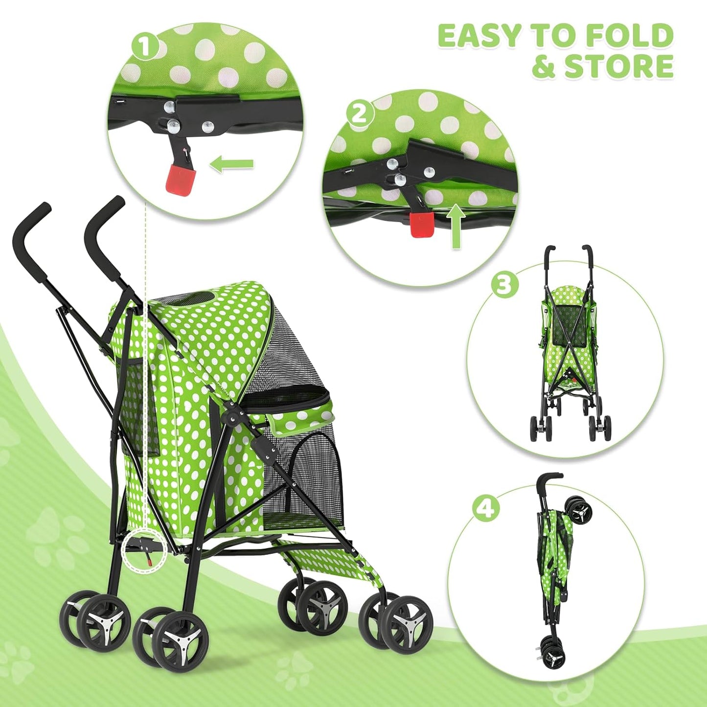 Magshion Compact Pet Stroller for Small-Medium Dogs/Cats up to 22lbs, 4-Wheel Lightweight Umbrella Shaped Portable Puppy Travel Jogger with Breathable Mesh & Rear Storage, Lawn Green Polka Dots
