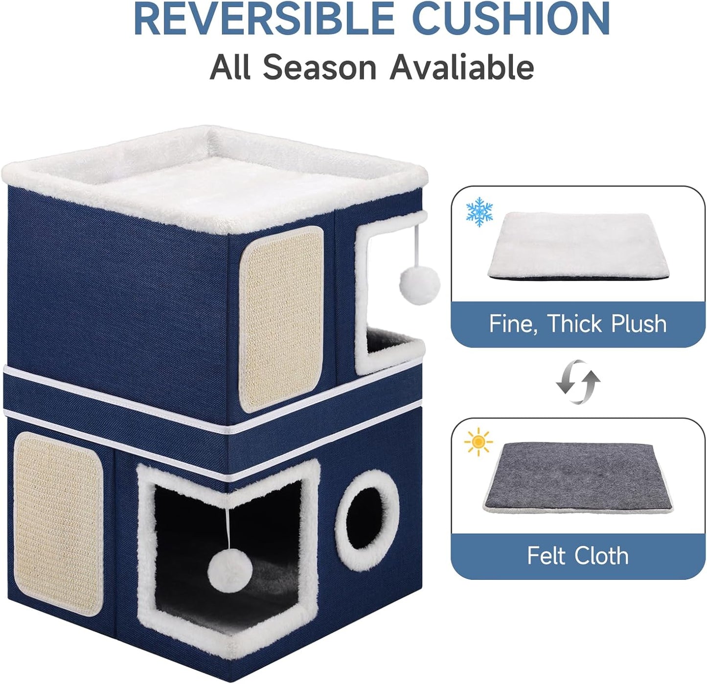 2-Storey Cat House for Indoor Cats, Large Double Cat Bed Cave with Hideaway Condos, Scratch Pads, Hanging Balls, Foldable Indoor Cat House Hold Up to 30LBS, Cat Cube for Multiple Cats Kitten, Blue