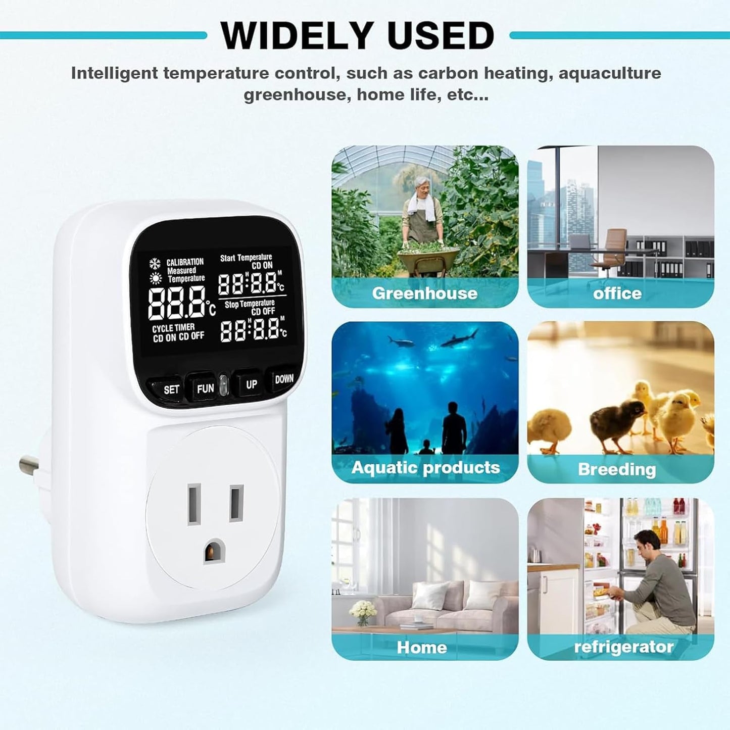 KABASI Digital Temperature Controller, Only Fahrenheit Dispaly Heavy Duty 15A Thermostat Outlet with Sensor, Heating Cooling Control Timer Plug Socket for Greenhouse Refrigerator Terrarium Aquarium