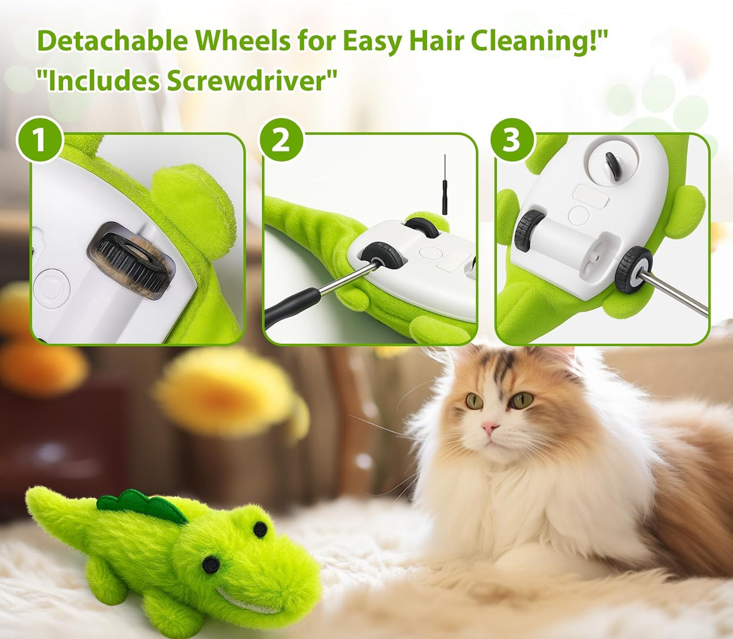 Interactive Cat Toys for Indoor Cats - Automatic Moving Cat Chase Toy for Bored Indoor Adult Cats - 360ยฐ Random Movement, Tail Wagging & Catnip Stimulation - Electric Croc(Long Plush)