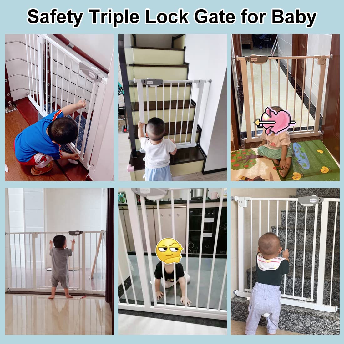 WAOWAO Triple Lock Baby Gate Extra Wide 35.04-38.97" Pressure Mounted Walk Through Swing Auto Close Safety White Metal Dog Pet Puppy Cat for Stairs,Doorways,Kitchen