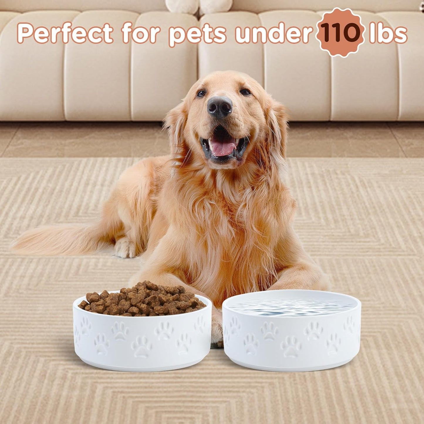 SPUNKYJUNKY Ceramic Dog Bowls 2 Pack, 8.3'' Dog Food Water Double Feeding Bowls Non-Slip for Medium to Large Sized Breed Microwave Dishwasher Safe - 60 OZ, 2pcs, Paw White
