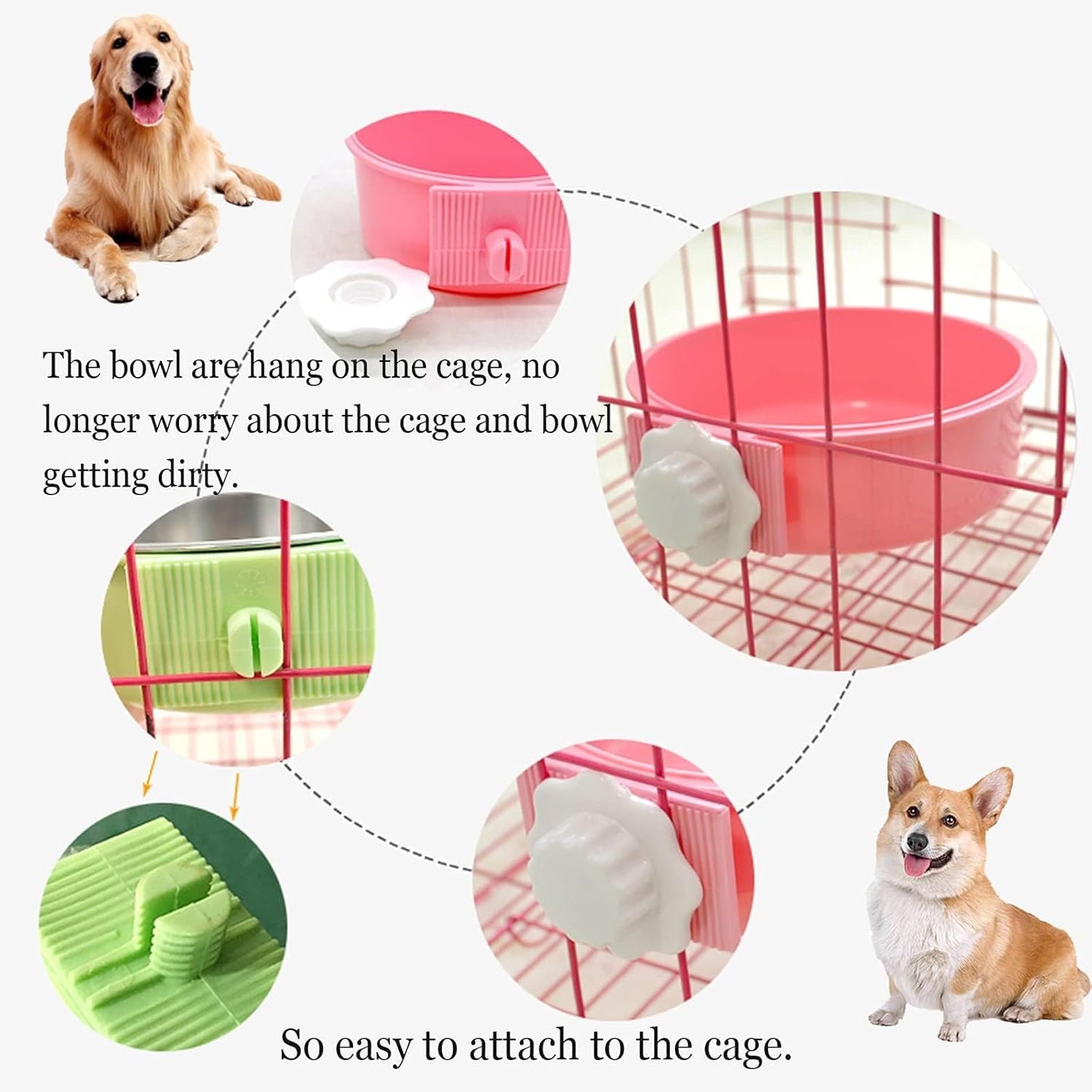 kathson Crate Dog Bowl, Removable Stainless Steel Hanging Pet Cage Bowl Food & Water Feeder Coop Cup for Cat, Puppy, Birds, Rats, Guinea Pigs 4pcs Large(2×Blue,1×Pink,1×Green)