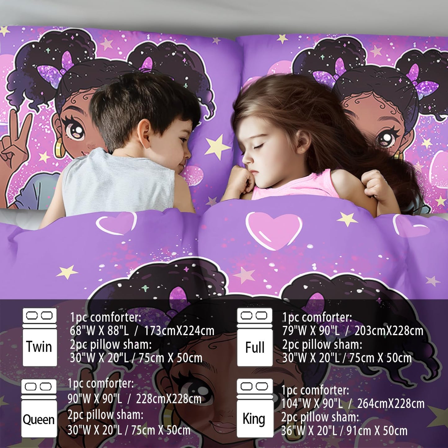 African American Black Girl Comforter Set Full Size,Cute Black Girl Bedding Set Full for Kids,Kawaii Heart Comforter Purple Bedding Decor for Teen,Purple Bed Quilt