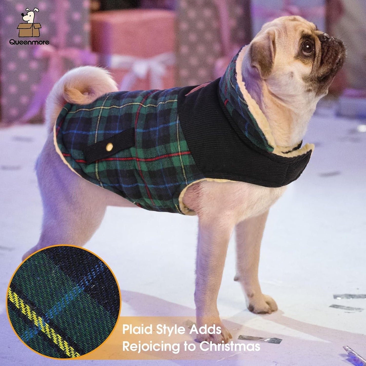 Queenmore Dog Winter Coat Warm Dog Jacket for Cold Weather, Quilting Puffer Plaid Coats for Small/Medium Dogs Waterproof,Girl/Boy Pet Christmas Coat,Pet Snowsuit with Leash Hole/Fleece Padding, M