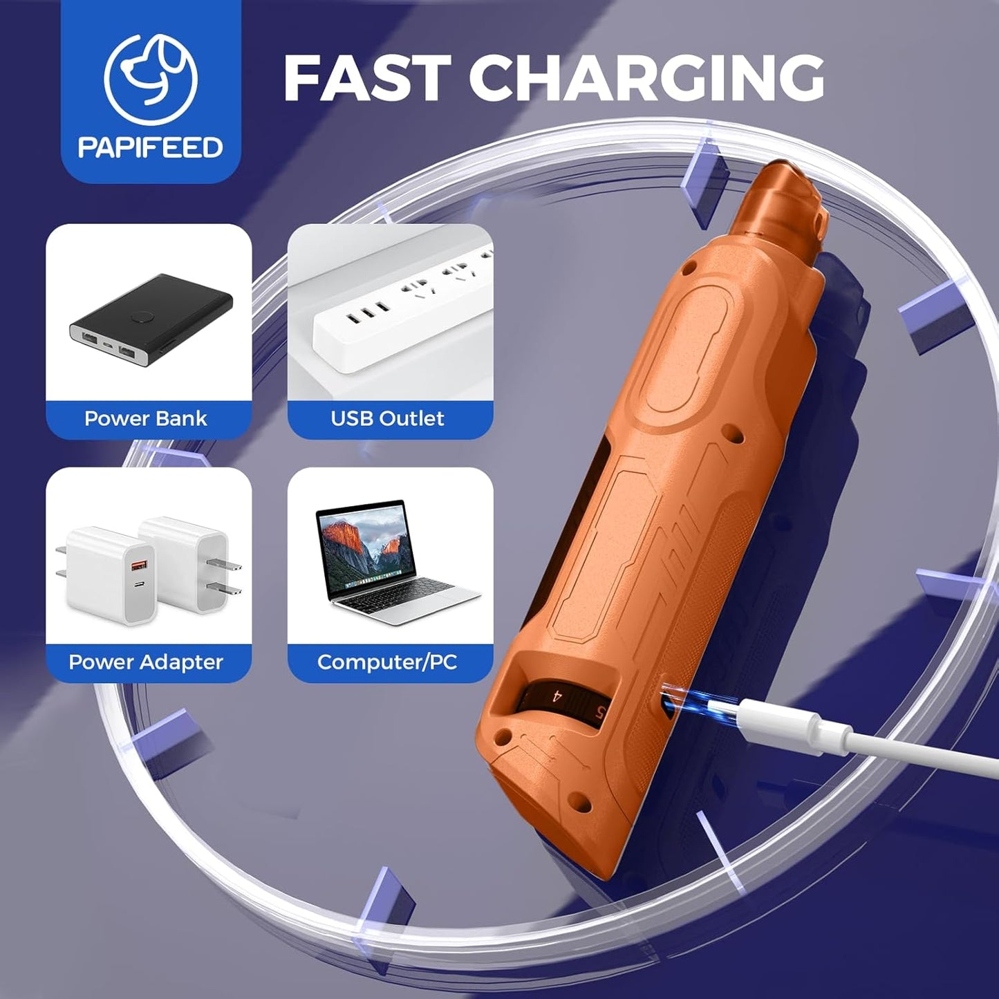 PAPIFEED High Torque Dog Nail Grinder Quiet - 6-Speed Adjustable Pet Nail Trimmer with 2 LED Lights & Dust-Proof Cover, Powerful Motor for Large/Medium/Small Dogs & Cats, Rechargeable - Orange Kit