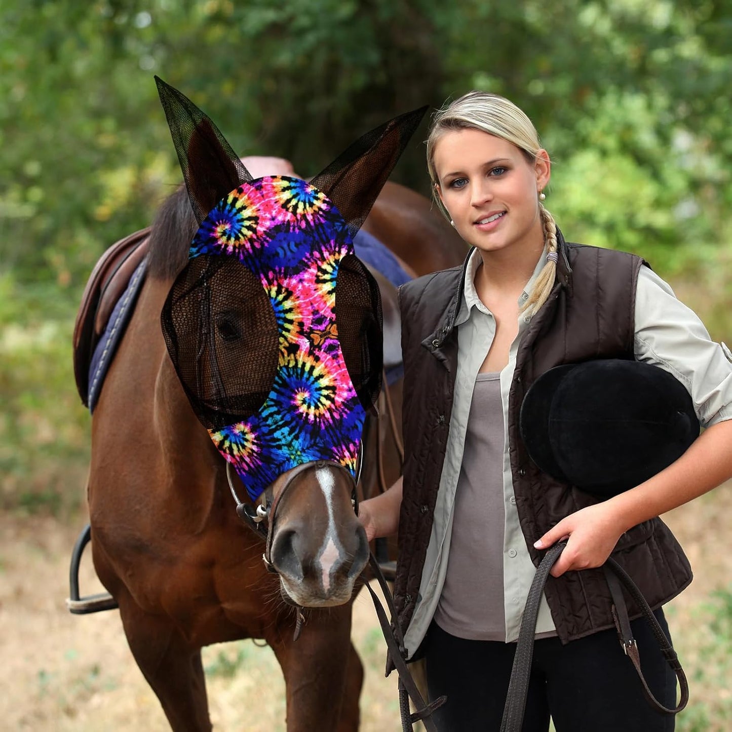 Frienda 4 Pieces Horse Fly Masks with Ears Face Covering UV Protection from Insect Pests Elasticity Smooth Comfortable Mesh Horse Mask Accessories(Tie-dye,Medium)