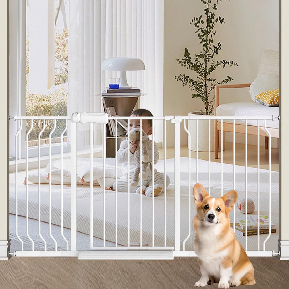 TSAYAWA Walk Through Baby Gate with Door, 48.1-52.7 Inch Wide Presure Mounted No Drill Metal Auto Close Child Gate for Stair Doorway - Indoor Outdoor Safty Gate for Toddler Dog Doggie, White