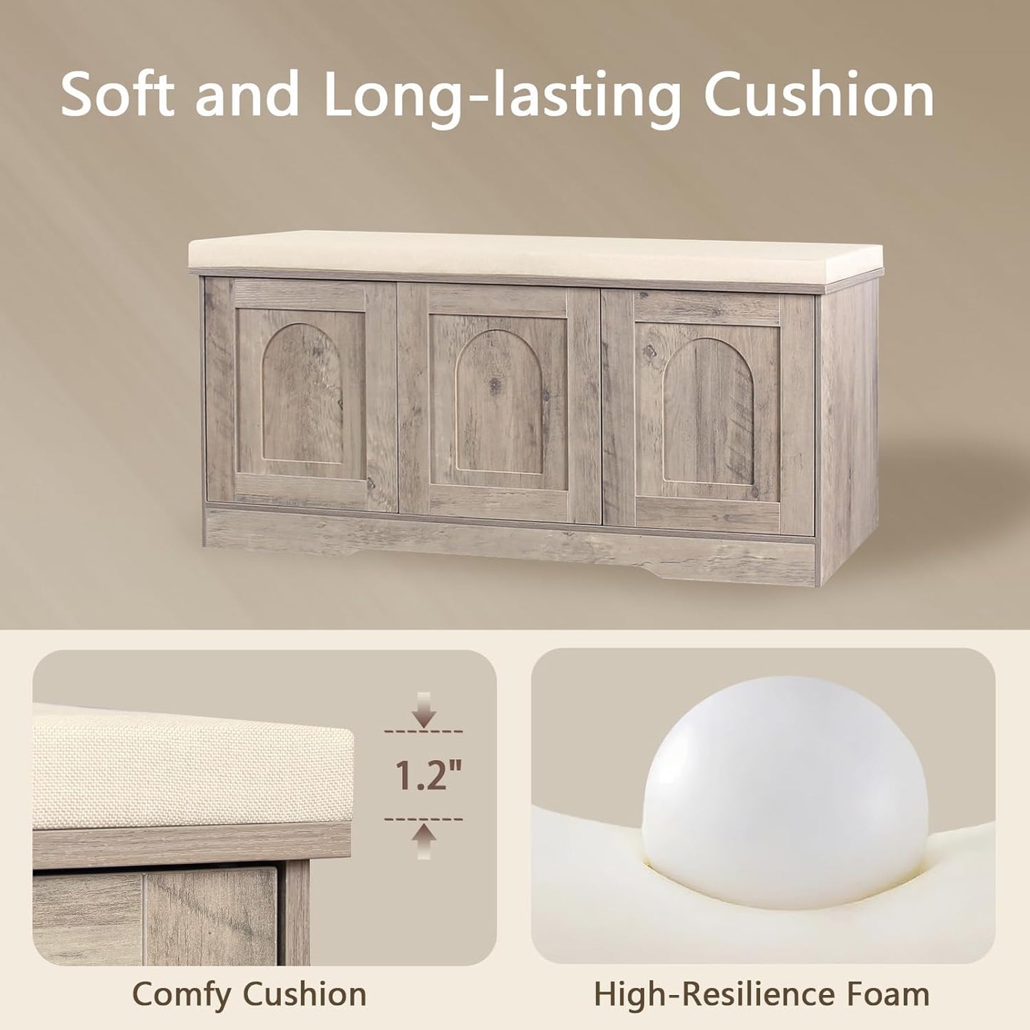 DINZI LVJ Shoe Bench, Entryway Storage Bench with Doors, Cushion, 2-Tier Shoe Rack with 6-Cubby, 39.4”L x 13.8”W Shoe Organizer Cabinet, Adjustable Shelf, Living Room, Bedroom, Greige