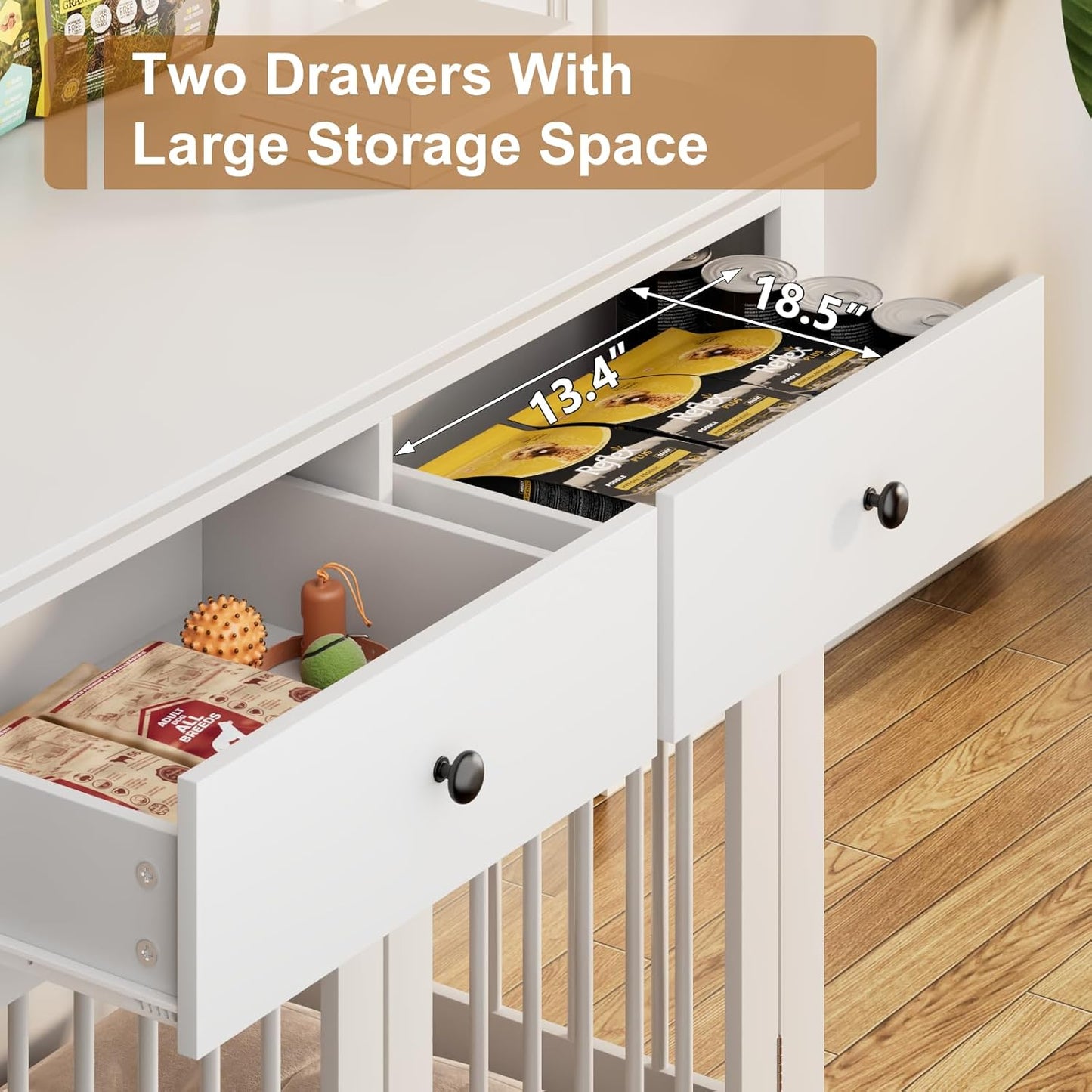 PUKAMI 44inch Dog Crate Furniture with Drawers,Wooden Dog Kennel Furniture for Large Breed,White End Table Wood Dog House for Indoor use,for Small/Medium/Large Dog