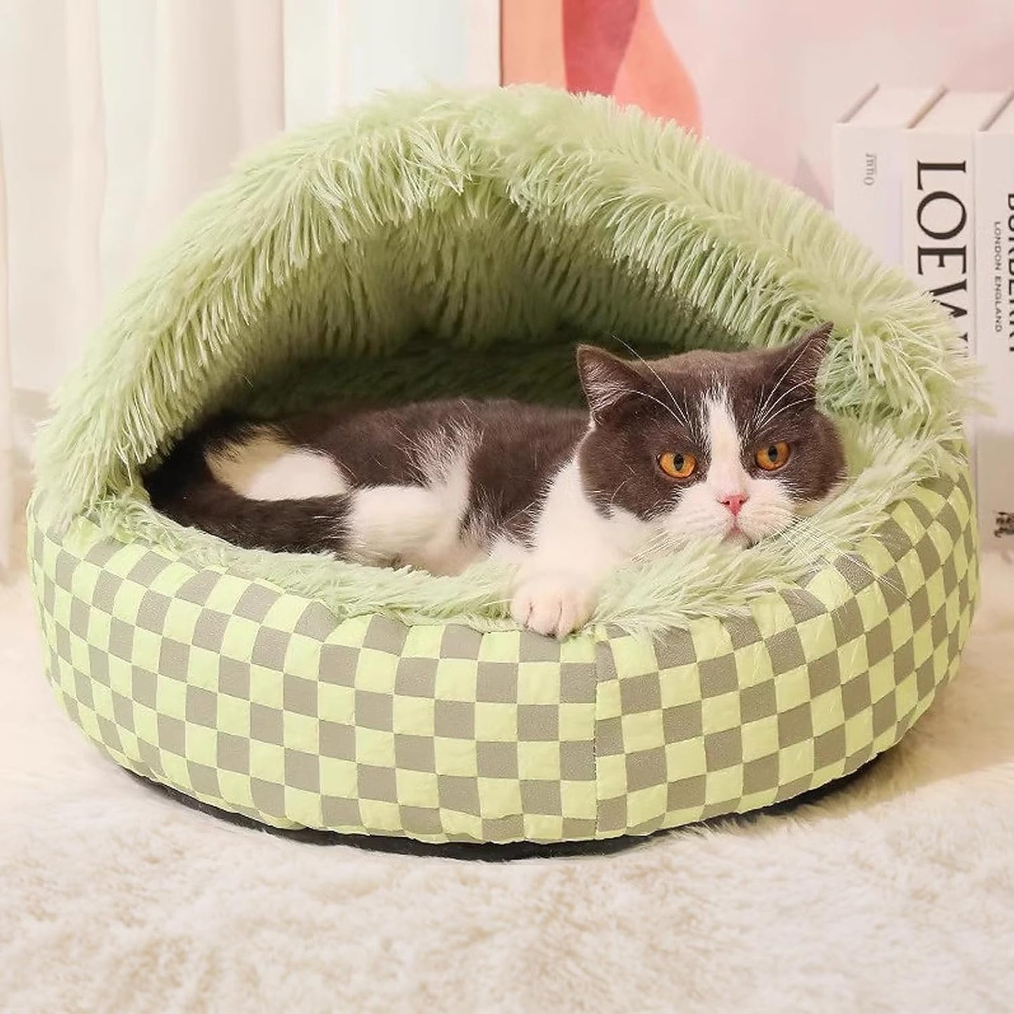 Cat Bed Hooded Plush Nest with Self-Warming Cozy Cave, Calming Anti-Anxiety Pet Bed for Indoor Cats & Small Dogs, Removable Washable Cover & Waterproof Bottom - Green