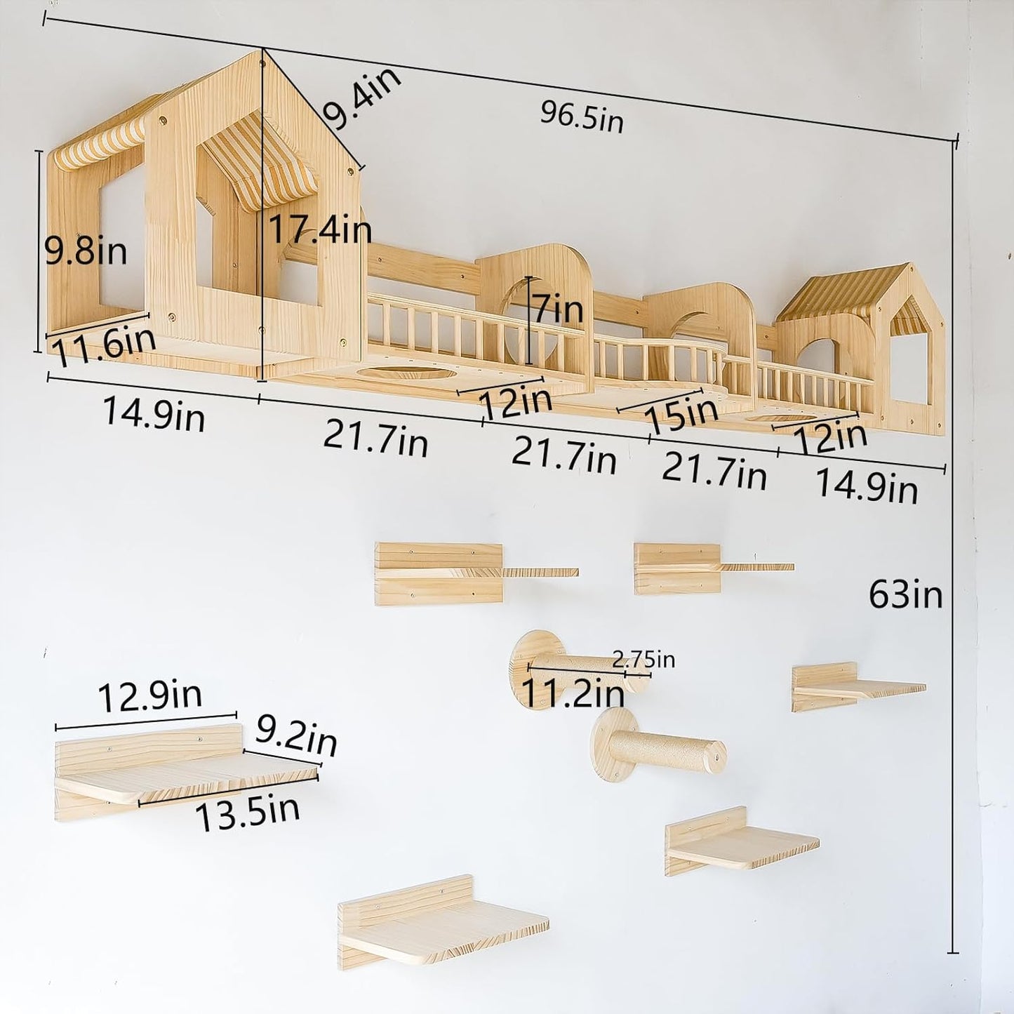 Cat Wall Shelves and Furniture Set with Condos, Perches, Bridge Ladders, Sisal Scratching Posts - Steps and Houses for Cats (D)