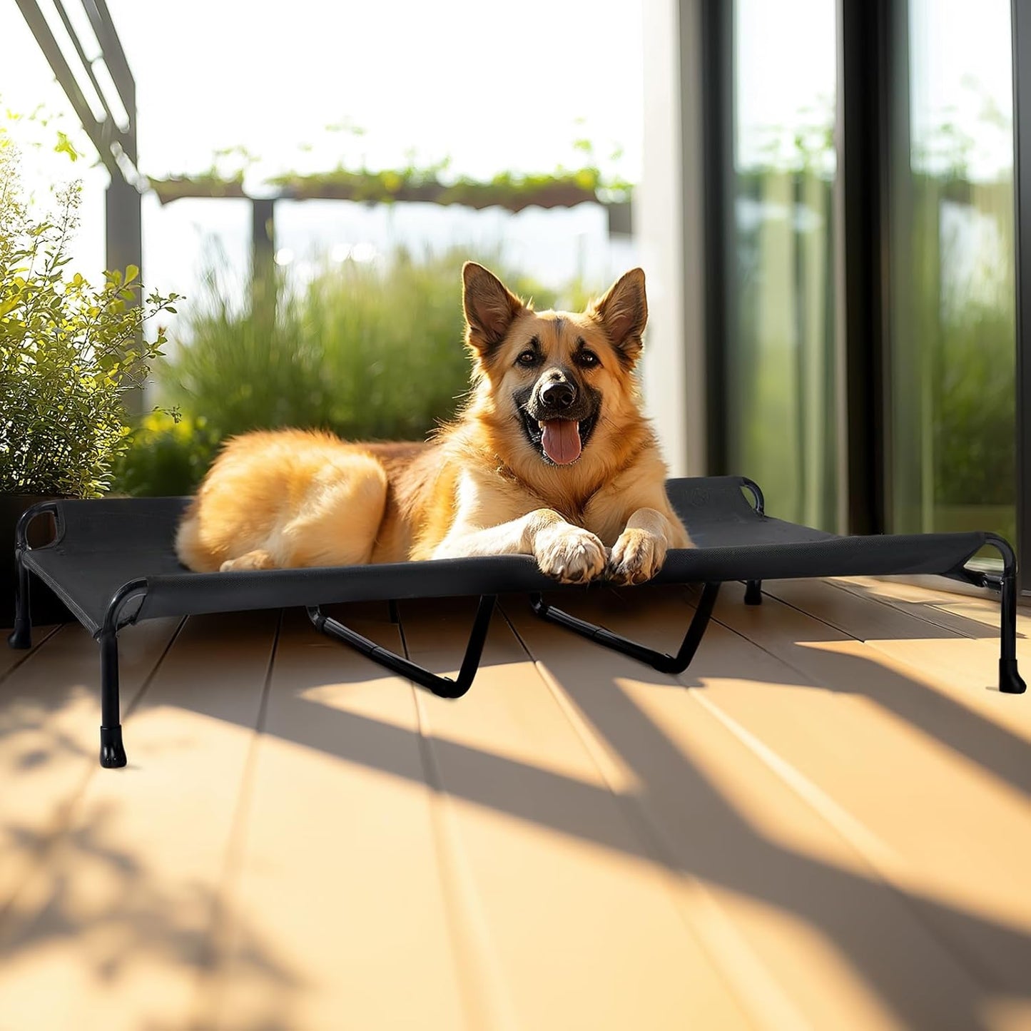Veehoo Cooling Elevated Dog Bed, 59" x 37" Raised Dog Beds for Large Dogs, Outdoor Dog Bed with Guardrail, Upgraded Non-Slip Feet, Breathable Teslin Mesh, Portable Camping Dog Cot, Black