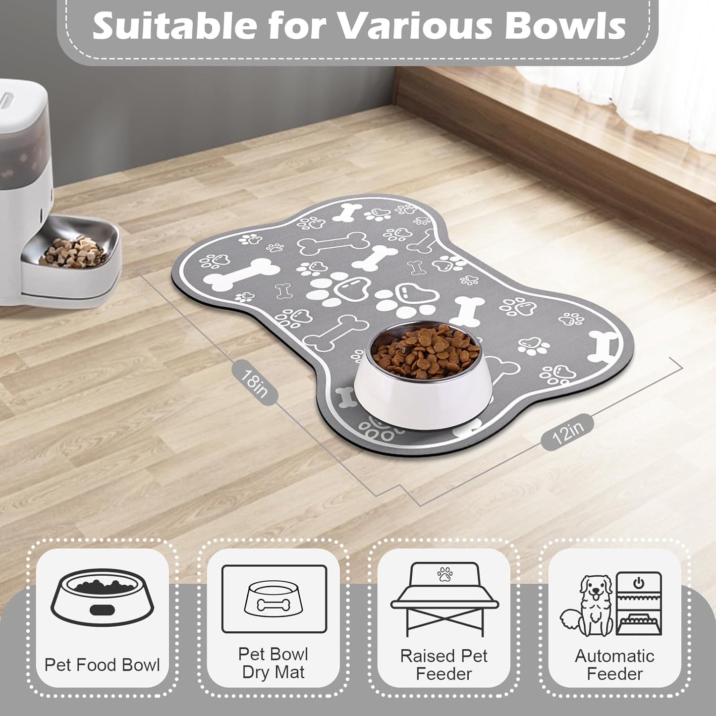 Dog Cat Food Mat,Rapid Absorbent Pet Feeding Mat, Bone Shaped Dog Placemat Water Bowl Mat with Rubber Backing,No Stains Dog Cat Food Mats Indoor, Pet Accessories Supplies 12"x18" Grey