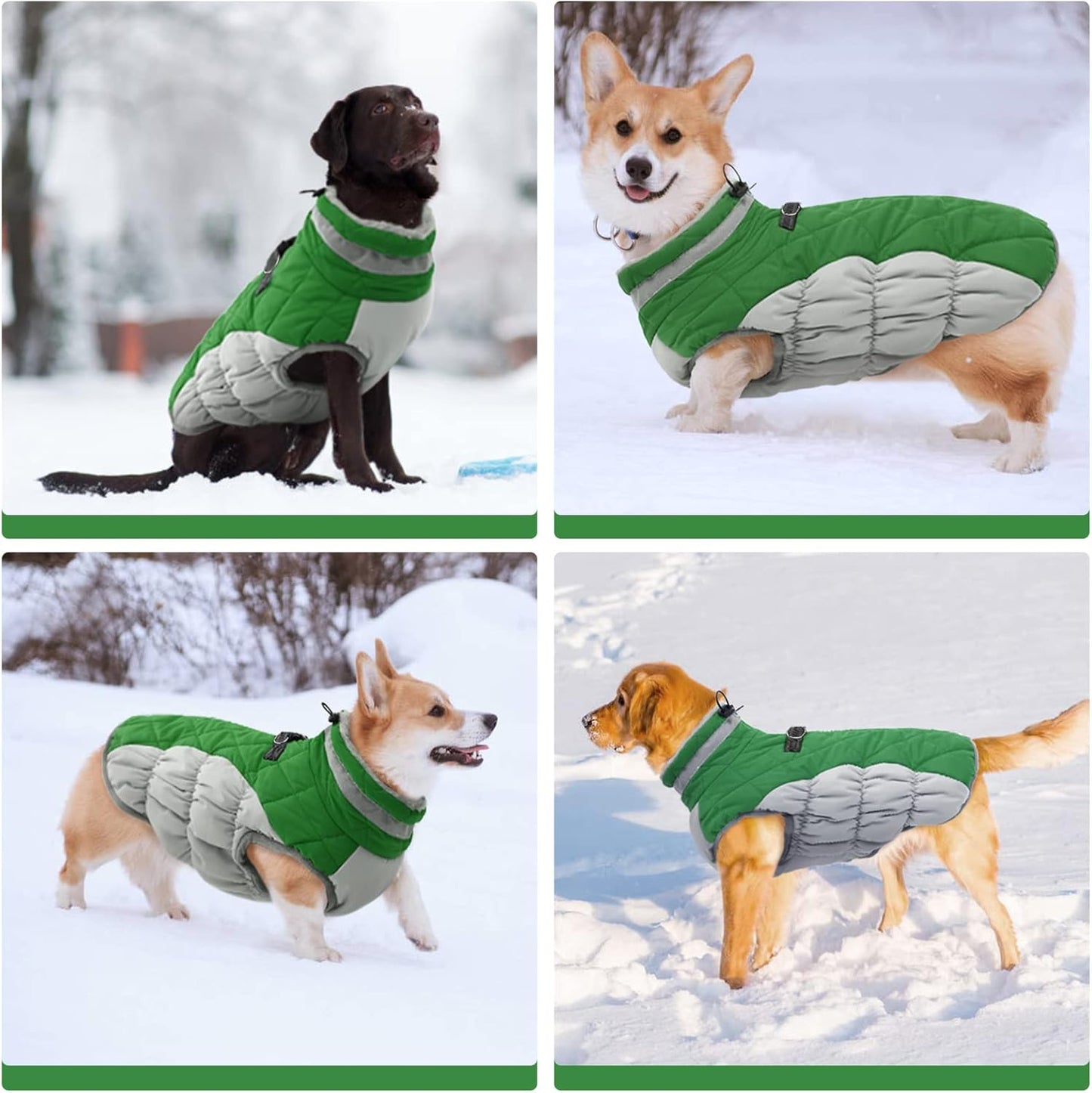 FUAMEY Dog Coat for Medium Dogs,Waterproof Dog Winter Jacket with Harness Built in Puppy Cold Weather Coats Reflective Pet Vest with Zipper Warm Fleece Dogs Snowsuit Windproof Green M