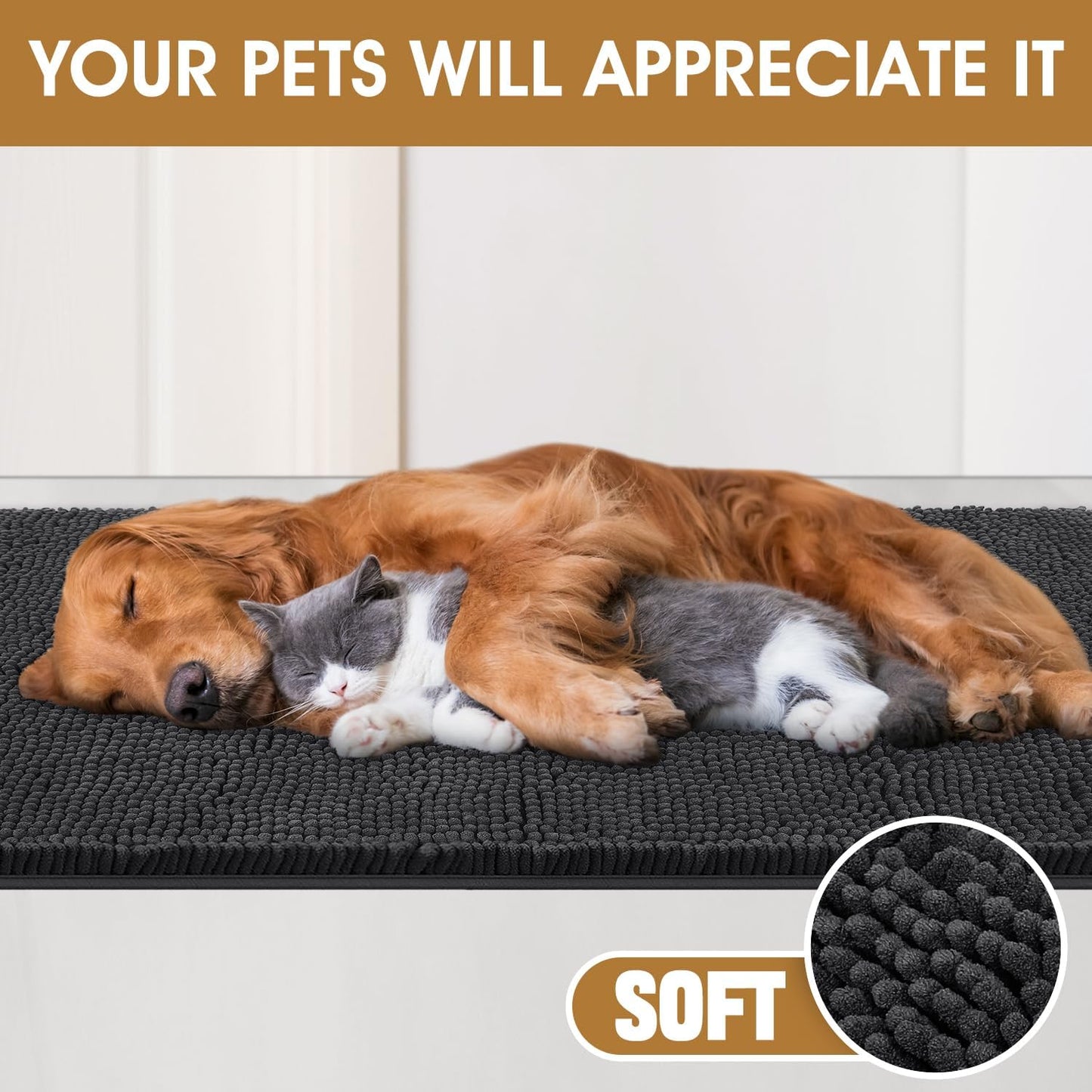 Dog Door Mats for Muddy Paws, Chenille Absorbent Dog Mats, Non Slip Heavy Mud Mat for Dogs, Soft Pet Mat for Entryway, Mud Paws, Inside Floor,48" x 38", Dark Grey