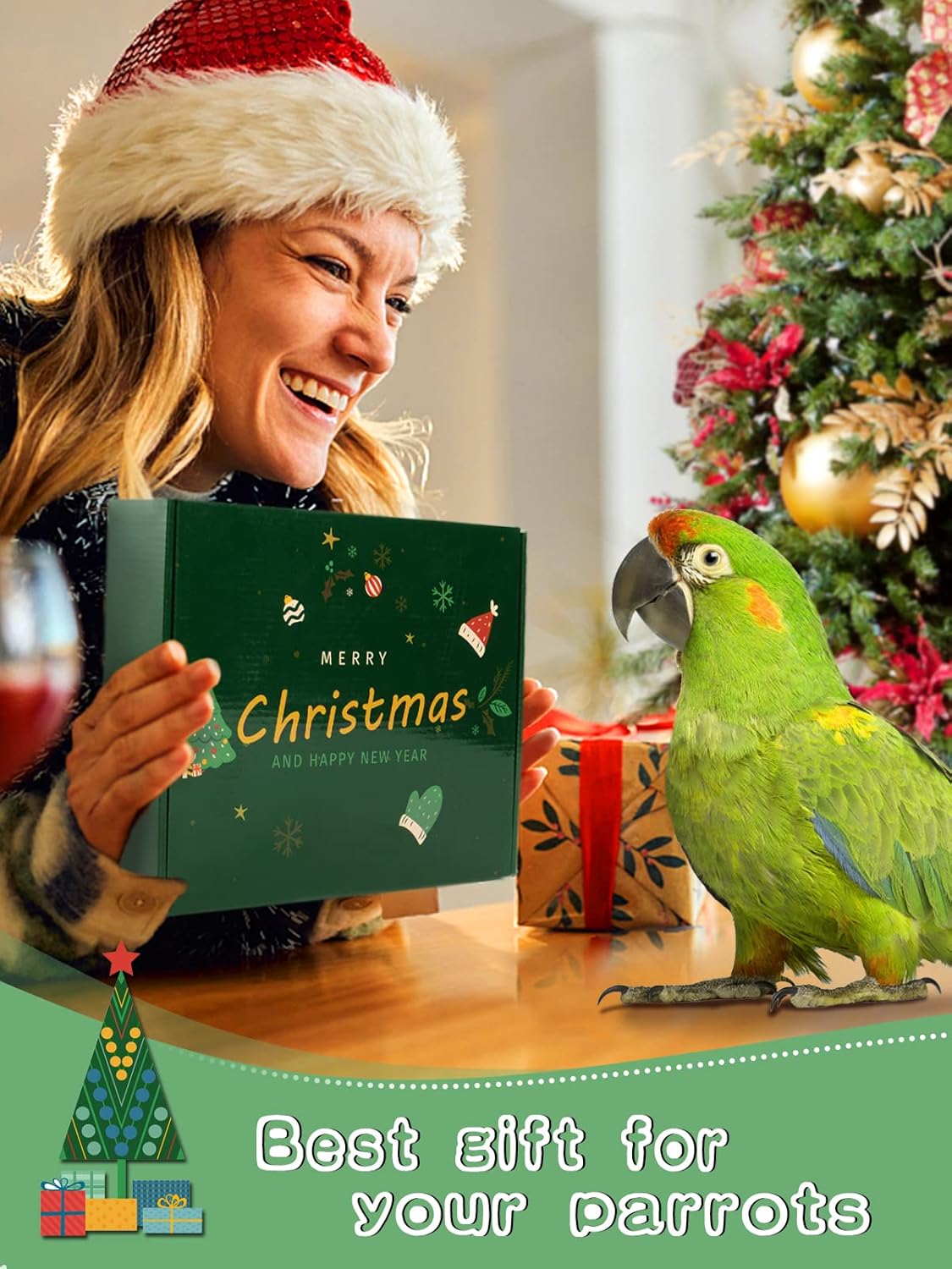 Christmas Large Bird Toy - Natural Wooden Parrots Toy with Colorful Edible Blocks for Macaws African Grey Amazon Parrots Cockatoos, Bird Chewing Toy for Gifts Playing(Green)