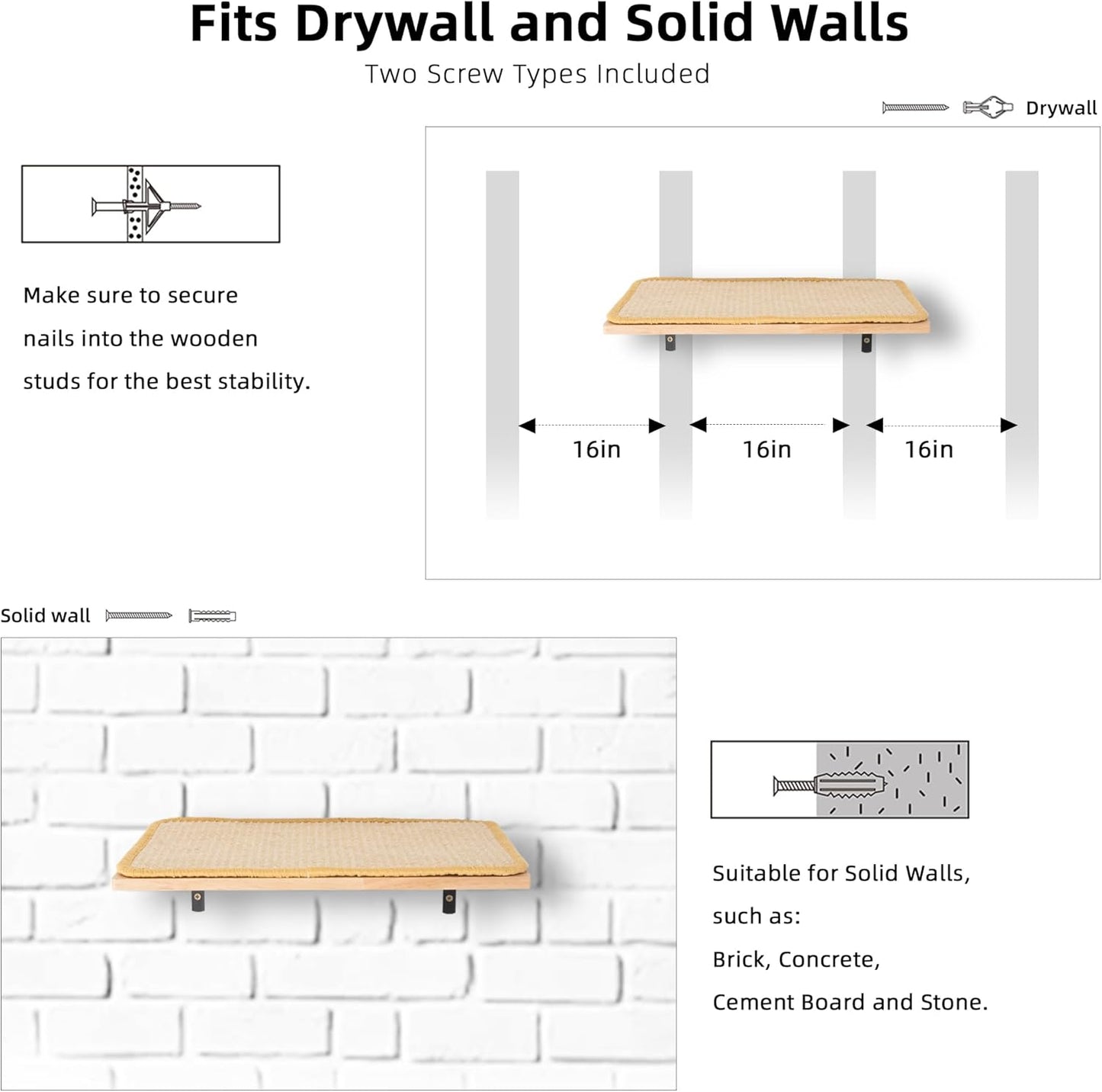 Meowoou Cat Wall Shelf with Sisal Mat, Wall Mounted Rubber Wood Cat Wall Furniture, Cats Climbing Steps for Wall, Cats Window Perches for Sleeping, Playing and Scratching