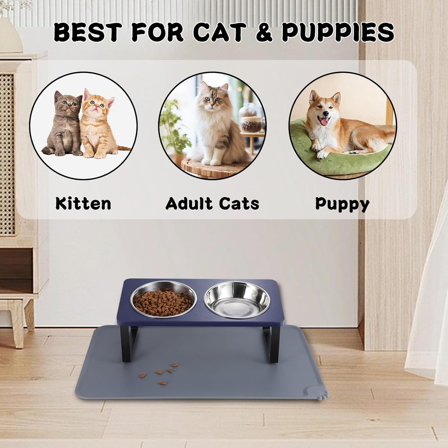 Upgraded Elevated Cat Bowls with Food Mat,15°Tilted Stand Anti Vomiting Raised Cat Dishes for Food and Water,2 Stainless Steel Bowls for Cats and Puppies(Navy Blue)