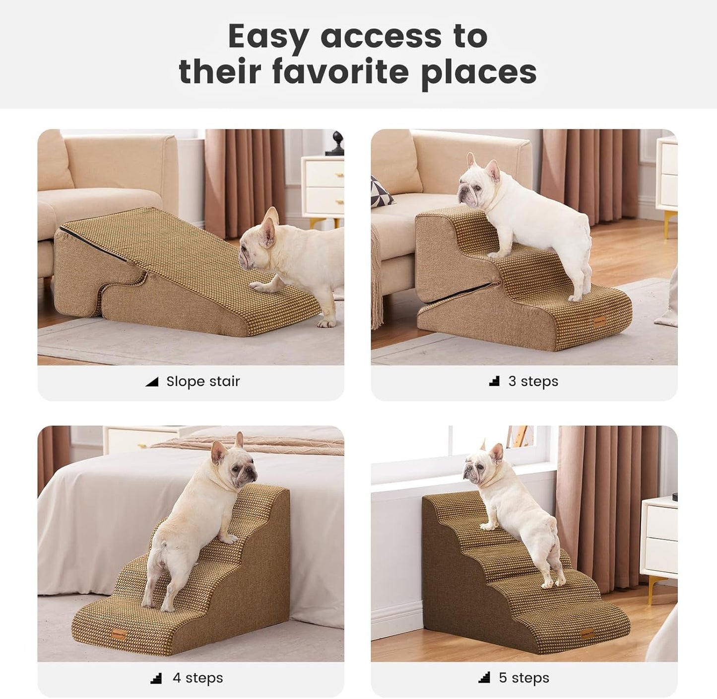 Gardner Pet Dog Stairs for Small Dogs 16.5" H, 2 in 1 Transformable 3-Step Pet Stairs and Dog Ramp for Couch (13-20 in), Brown Adjustable Pet Steps with Non-Slip Waterproof Cover and CertiPUR-US Foam