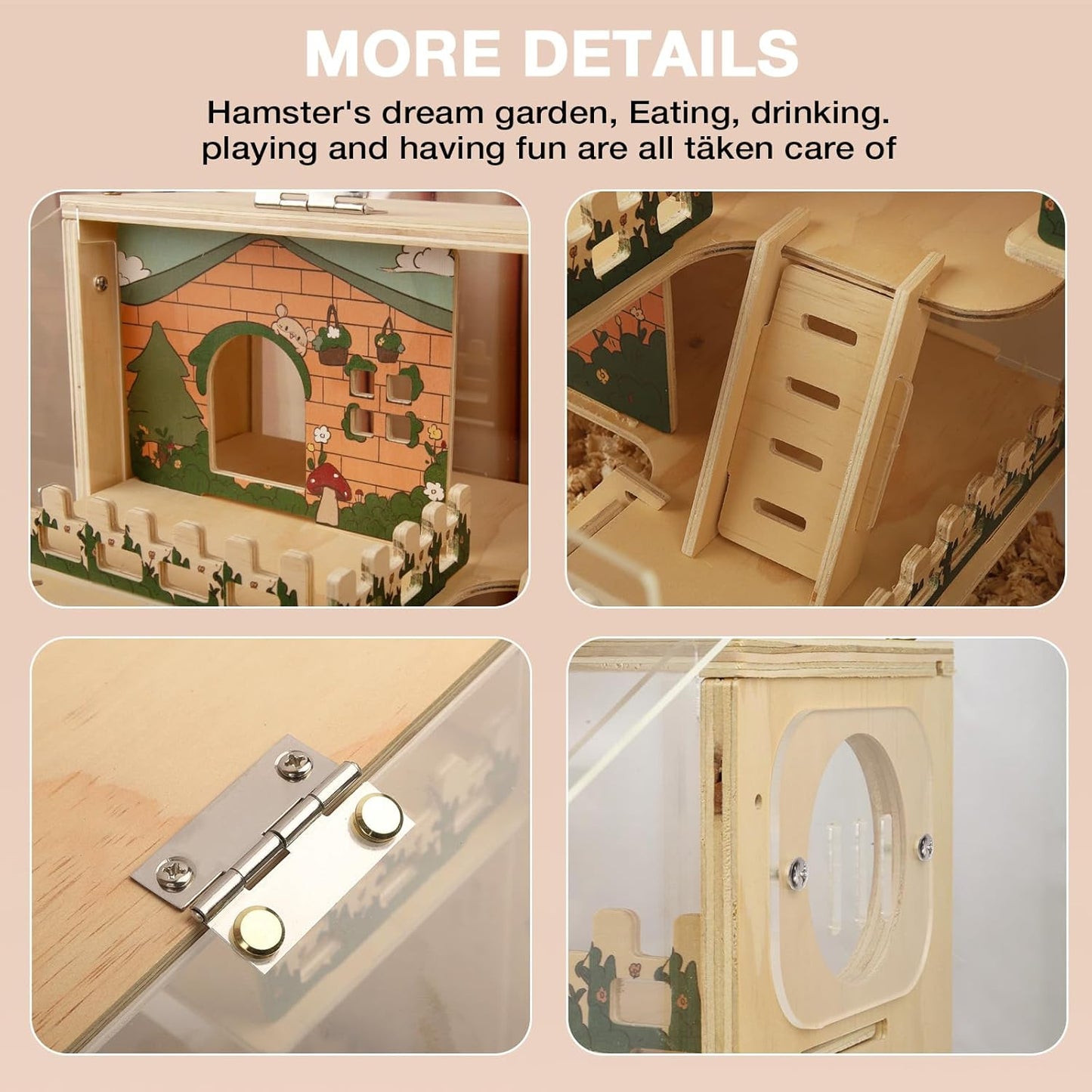 Wooden Hamster Cage, 15.8" 3-Layer Acrylic Dwarf Hamster Cages,Top Open Small Animal Cages with Stairs, Fences, Pastoral Style Mouse Cage for Pet Mice, Hedgehog